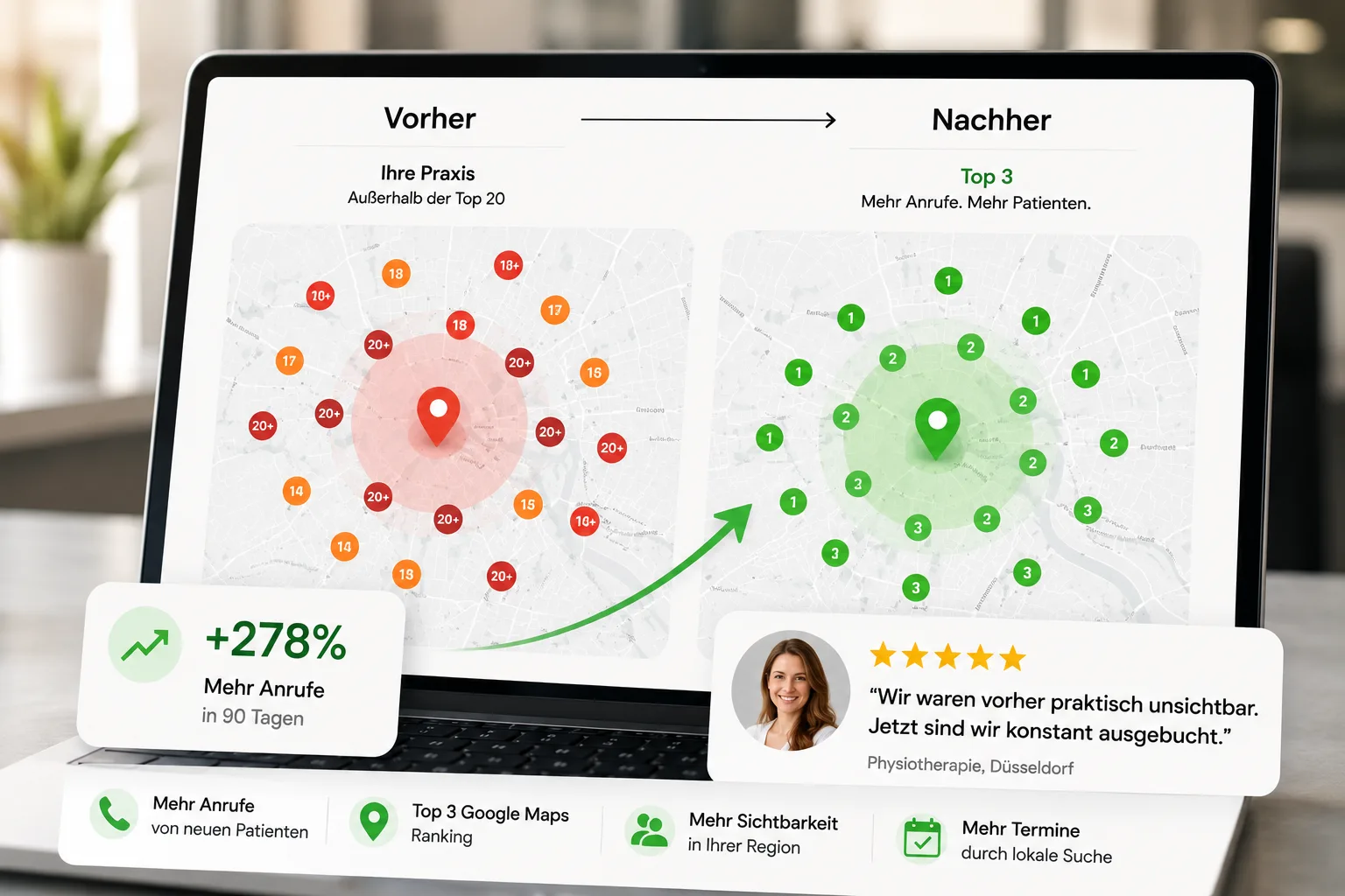 Vorher-Nachher: eine lokale Praxis steigt von außerhalb der Top 20 auf die Google Maps Top 3, mit 278% mehr Anrufen in 90 Tagen